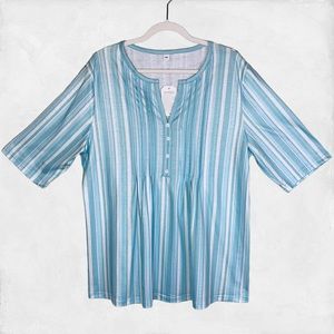 boutique aqua striped top XXL short sleeve career popover blouse loose fit NWT